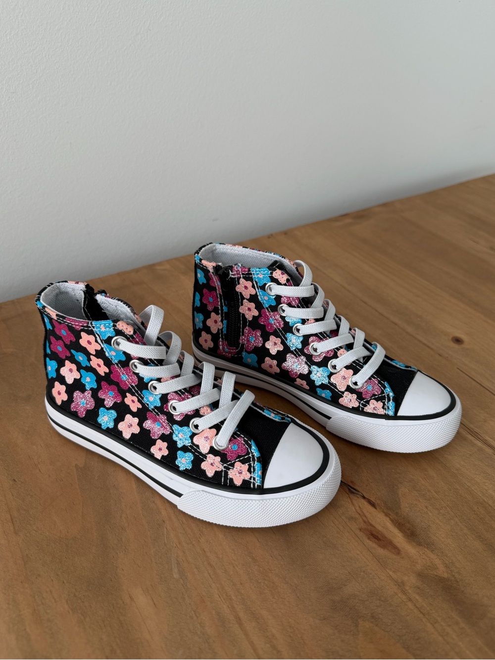 Kids High-Top Floral Canvas Sneakers - Black with Pink & Blue Flowers